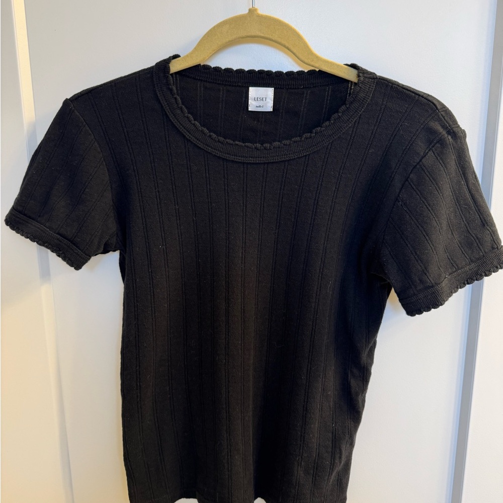 Leset Women’s Pointelle Black Short Sleeve Top